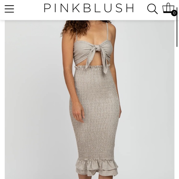 Pinkblush Mocha Gingham Print Smocked Fitted Self-Tie Maternity Midi Dress Small - Picture 6 of 13